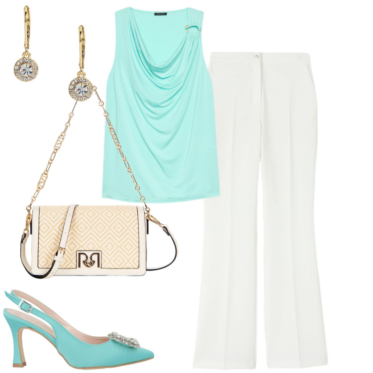 Outfit donna - Battesimo. Stile Chic per Cerimonia. Abbinamento con décolleté, borse a tracolla, orecchini, top, pantaloni a palazzo.