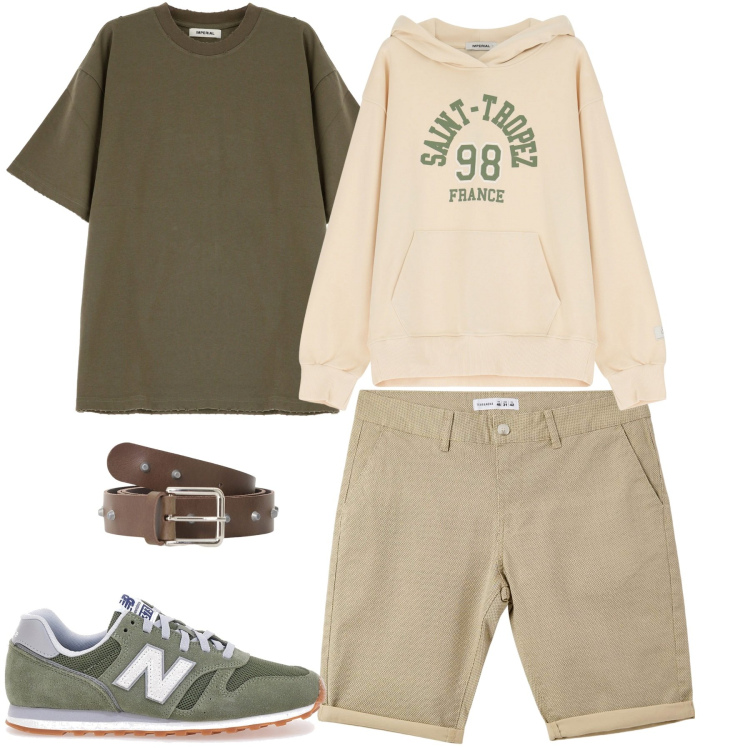 Outfit uomo - Maggio. Stile Casual per Tutti i giorni. Abbinamento con pantaloni corti, felpe con cappuccio, t-shirt, cinture, sneakers.
