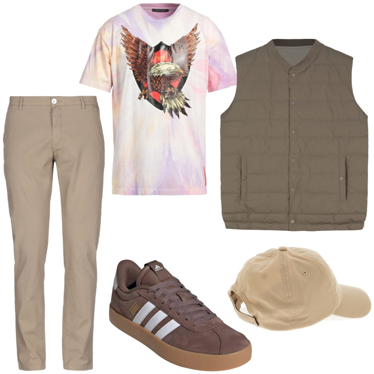 Outfit uomo - Una passeggiata al parco. Stile Casual per Sport. Abbinamento con pantaloni chino, t-shirt, gilet, cappelli, sneakers.