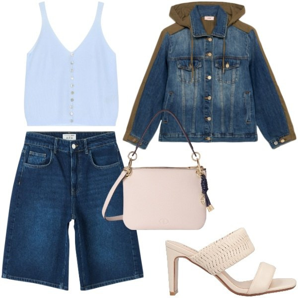Outfit donna - Denim on denim. Stile Urban per Tutti i giorni. Abbinamento con sandali in pelle, bermuda, top, borse a tracolla, blazer.