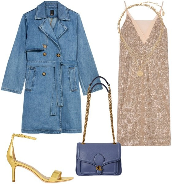 Outfit donna - Il soprabito in denim. Stile Glamour per Serata fuori. Abbinamento con ciondoli, borse a spalla, sandali in pelle, trench, vestiti midi/longuette.