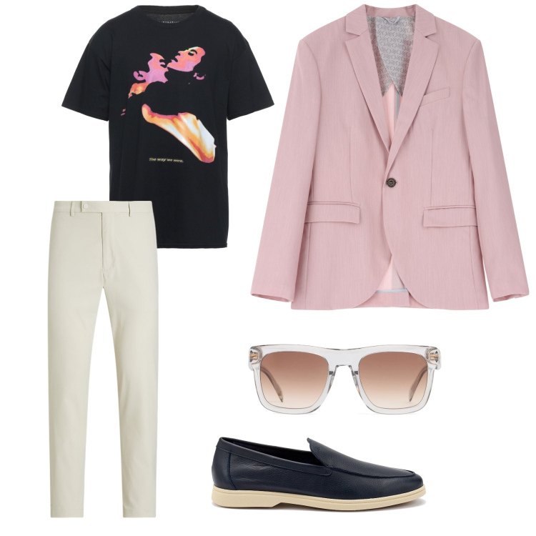 Outfit uomo - Un quadro sulla t-shirt. Stile Business/Elegante per Ufficio. Abbinamento con t-shirt, giacche, pantaloni, occhiali da sole, scarpe stringate.
