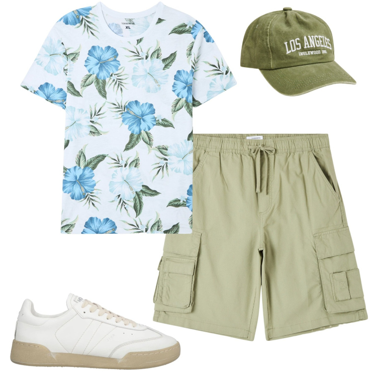 Outfit uomo - La t shirt floreale. Stile Casual per Tutti i giorni. Abbinamento con sneakers, pantaloni corti, t-shirt, cappelli.