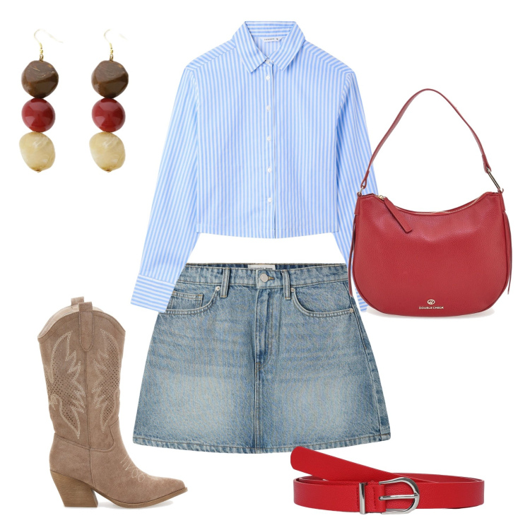 Outfit donna - Total look #2130795. Stile Trendy per Tutti i giorni. look ideale per Petite. Abbinamento con camicie, minigonne, cinture, orecchini, stivaletti texani, borse a tracolla.