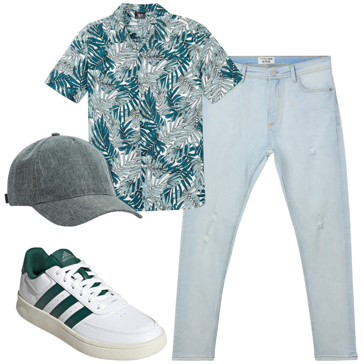 Outfit uomo - City. Stile Casual per Tutti i giorni. Abbinamento con camicie a manica corta, cappelli, jeans strappati, sneakers.