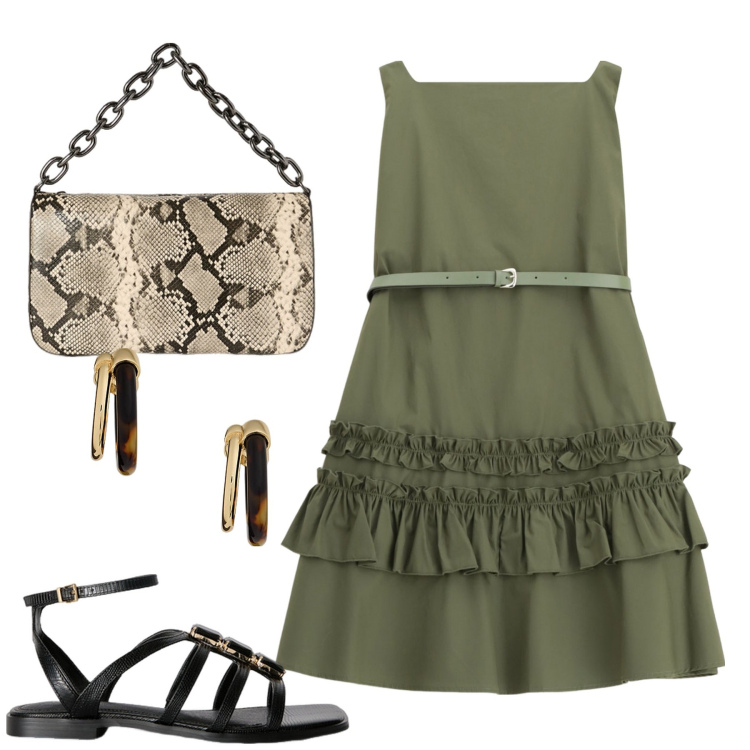 Outfit donna - City. Stile Urban per Tutti i giorni. Abbinamento con vestiti corti, orecchini, borse a tracolla, sandali gioiello.