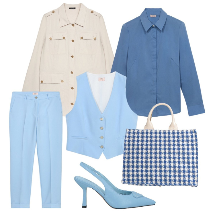 Outfit donna - Trendy con il gilet. Stile Trendy per Ufficio. Abbinamento con borse a mano, décolleté, blazer, gilet, camicie, pantaloni.