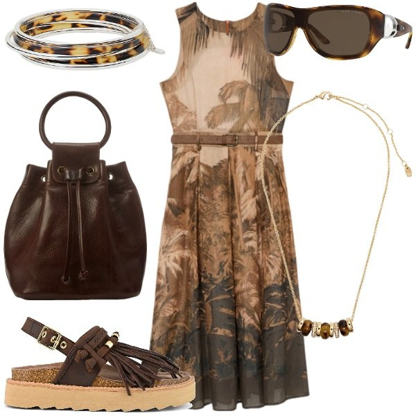 Outfit donna - Giungla cittadina. Stile Casual chic per Tutti i giorni. Abbinamento con occhiali da sole, collane, braccialetti, borse a secchiello, sandali, vestiti midi/longuette.