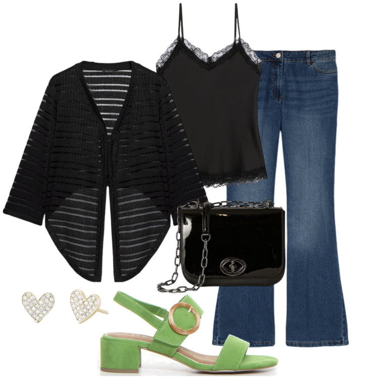 Outfit donna - New shop Boscaini shoes. Stile Glamour per Tutti i giorni. Abbinamento con orecchini, bolero, jeans, borse a tracolla, top, sandali col tacco.