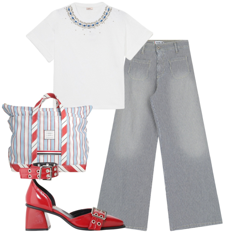 Outfit donna - City. Stile Casual chic per Tutti i giorni. Abbinamento con borse a mano, jeans a zampa, décolleté, t-shirt.