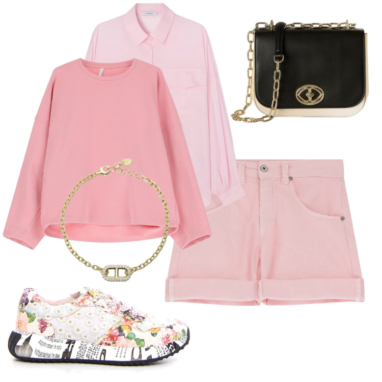 Outfit donna - New shop Boscaini shoes. Stile Glamour per Tutti i giorni. Abbinamento con braccialetti, shorts, felpe, sneakers, borse a tracolla, camicie.