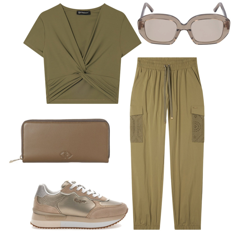 Outfit donna - Freddy style. Stile Casual per Sport. Abbinamento con pantaloni cargo, t-shirt, sneakers, occhiali da sole, portafogli.
