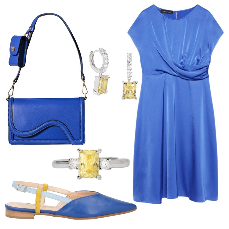 Outfit donna - Blu royal & giallo sole. Stile Chic per Cerimonia. look ideale per Tall. Abbinamento con ballerine, anelli, orecchini, pochette, vestiti midi/longuette.