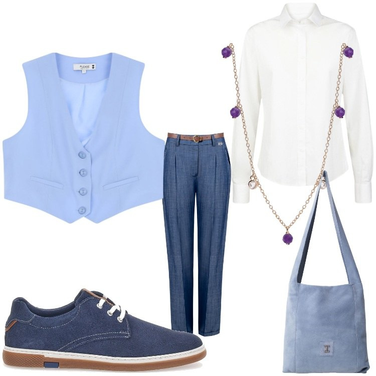 Outfit donna - Al lavoro. Stile Mannish per Ufficio. Abbinamento con collane, pantaloni, gilet, borse a tracolla, scarpe stringate, camicie.