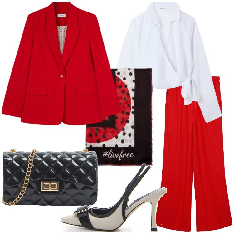Outfit donna - L\'eleganza del tailleur. Stile Chic per Serata fuori. Abbinamento con borse a tracolla, pantaloni, camicie, blazer, foulard, décolleté.