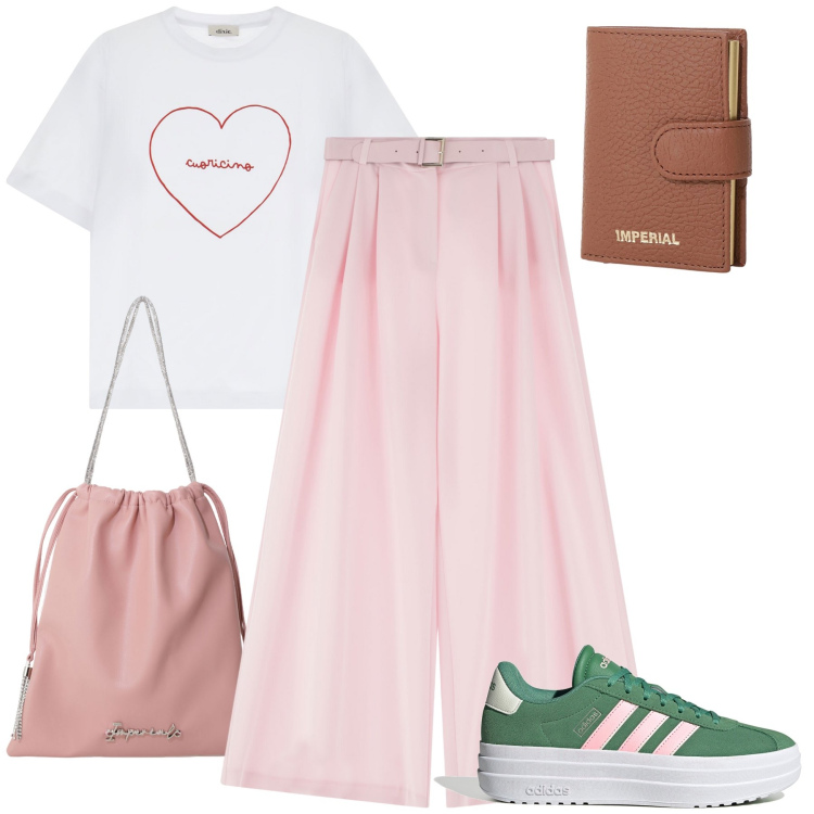Outfit donna - Le sneakers alte. Stile Trendy per Tutti i giorni. Abbinamento con borse a secchiello, portafogli, pantaloni a palazzo, t-shirt, sneakers.