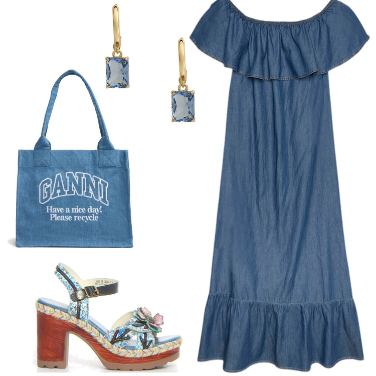 Outfit donna - Abito in jeans. Stile Casual chic per Serata fuori. Abbinamento con orecchini, sandali col tacco, vestiti lunghi, shopping bag.