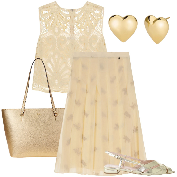 Outfit donna - Only gold. Stile Vintage retrò per Cerimonia. Abbinamento con orecchini, sandali, top, gonne longuette, borse tote.