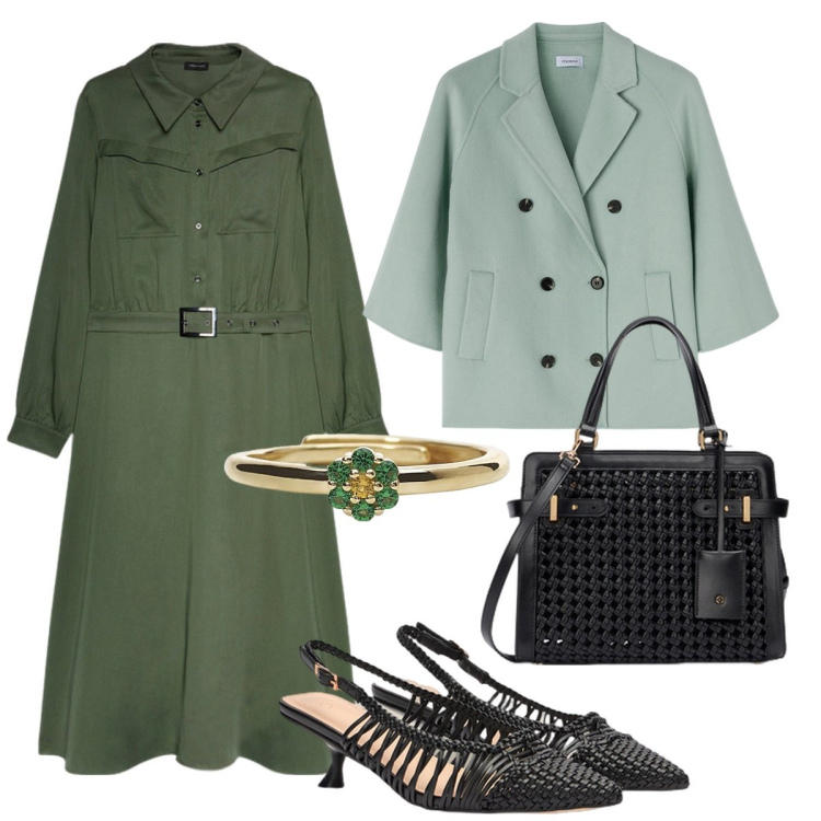 Outfit donna - Abito midi verde per la cerimonia. Stile Bon Ton per Cerimonia. look ideale per Tall. Abbinamento con anelli, vestiti lunghi, borse a mano, cappotti, décolleté.