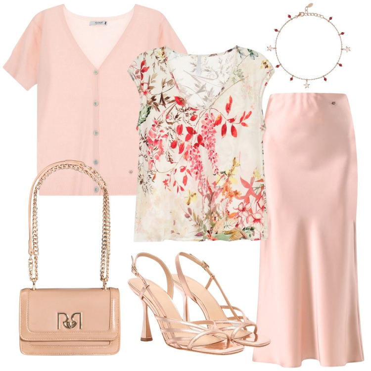 Outfit donna - Cerimonia con la gonna longuette. Stile Bon Ton per Cerimonia. Abbinamento con braccialetti con ciondoli, gonne, borse a tracolla, cardigans, top, sandali col tacco.