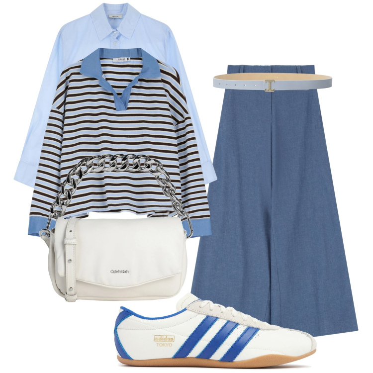 Outfit donna - Sporty. Stile Sporty chic per Tutti i giorni. Abbinamento con borse a mano, maglieria, jeans, cinture, camicie, sneakers.