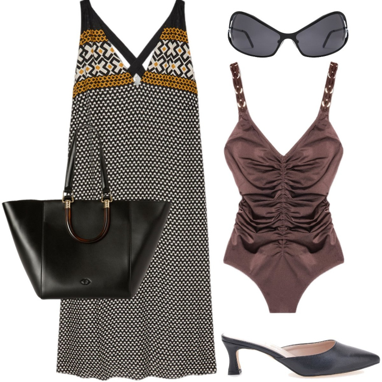 Outfit donna - Aperitivo in spiaggia. Stile Boho per Mare. Abbinamento con vestiti lunghi, costumi interi, ciabatte, shopping bag, occhiali da sole.