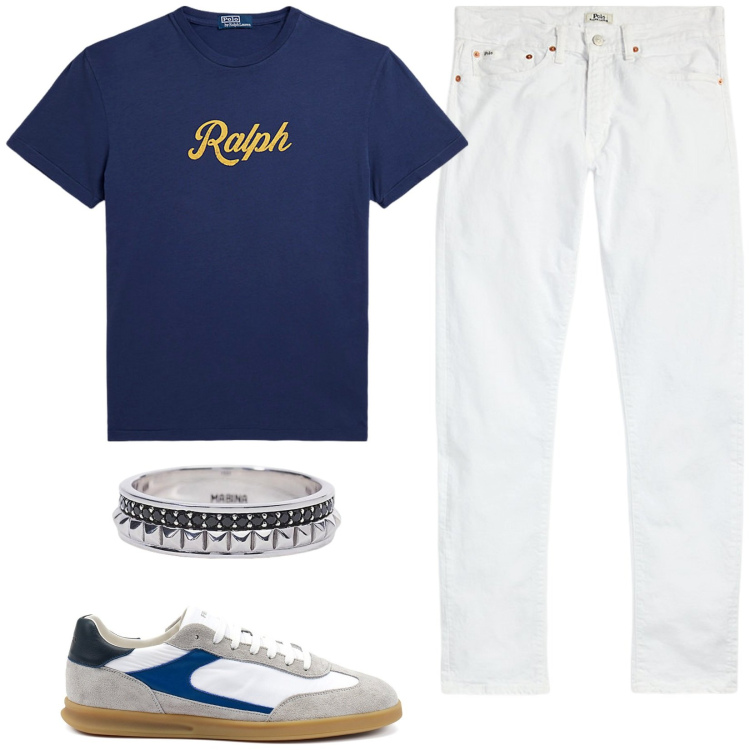 Outfit uomo - Total look. Stile Casual per Tutti i giorni. Abbinamento con anelli, jeans, t-shirt, sneakers.