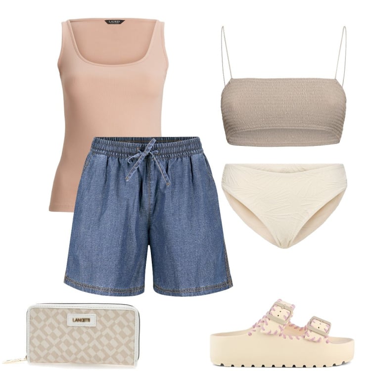 Outfit donna - Sporty chic in spiaggia. Stile Sporty chic per Mare. Abbinamento con shorts, canottiere, ciabatte, portafogli, bikini, bikini.