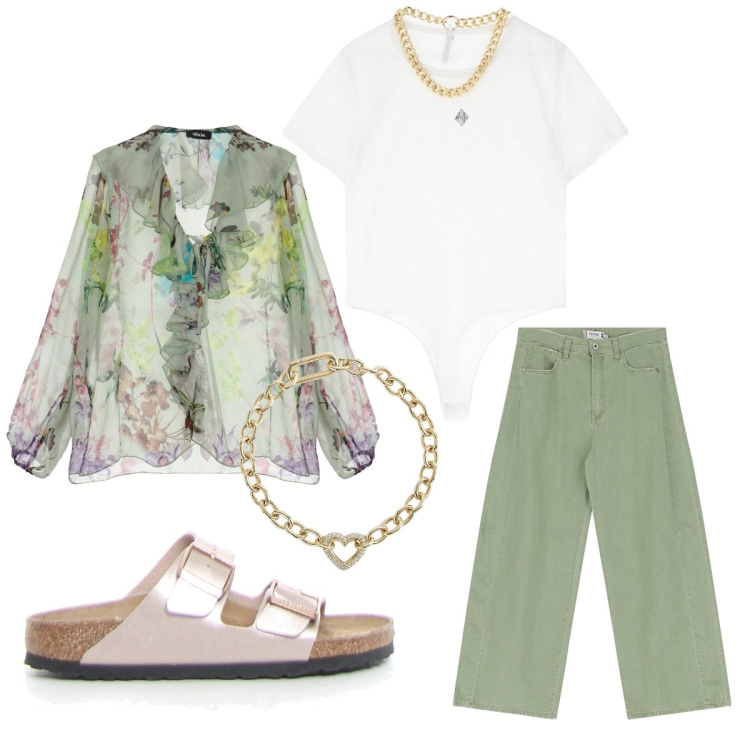 Outfit donna - Le tue nuove Birkenstock. Stile Romantica per Tutti i giorni. Abbinamento con braccialetti, pantaloni a palazzo, body, bluse, ciabatte.