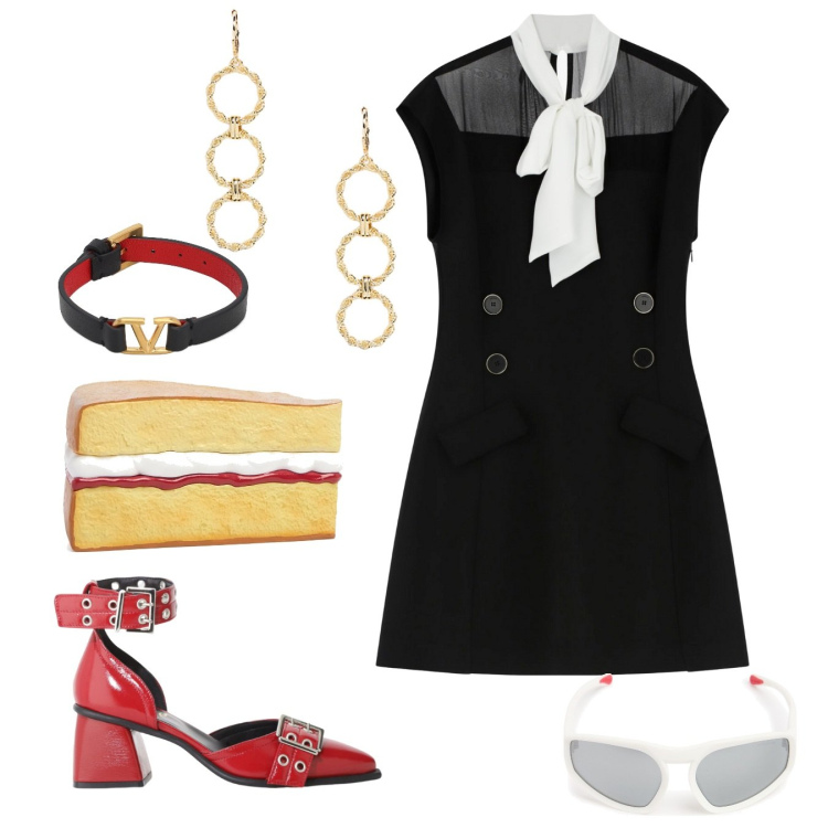 Outfit donna - Piccola così. Stile Trendy per Cerimonia. Abbinamento con vestiti corti, décolleté, orecchini, pochette, braccialetti, occhiali da sole.