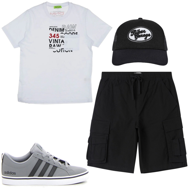 Outfit uomo - Sportivo. Stile Casual per Sport. Abbinamento con cappelli, pantaloni corti, t-shirt, sneakers.