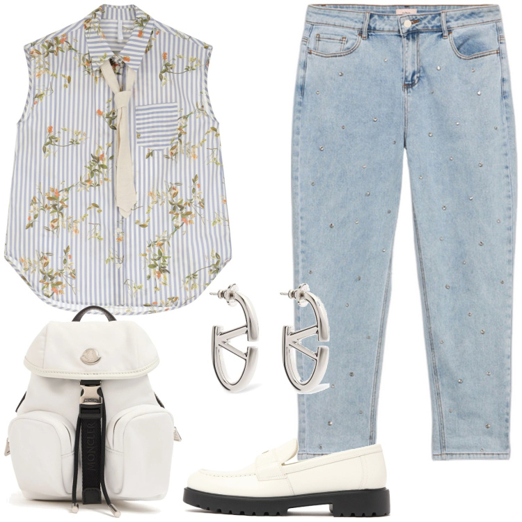 Outfit donna - Zaino e mocassini per look da lavoro. Stile Casual per Ufficio. Abbinamento con camicie, mocassini, borse a tracolla, jeans, orecchini.