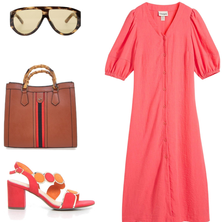 Outfit donna - Comodità in città. Stile Casual per Tutti i giorni. Abbinamento con vestiti midi/longuette, occhiali da sole, borse a tracolla, sandali col tacco.