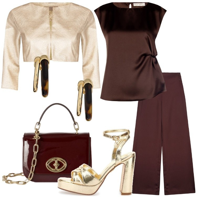 Outfit donna - Cacao e oro. Stile Chic per Serata fuori. Abbinamento con bolero, top, orecchini, pantaloni a palazzo, sandali col tacco, borse a tracolla.