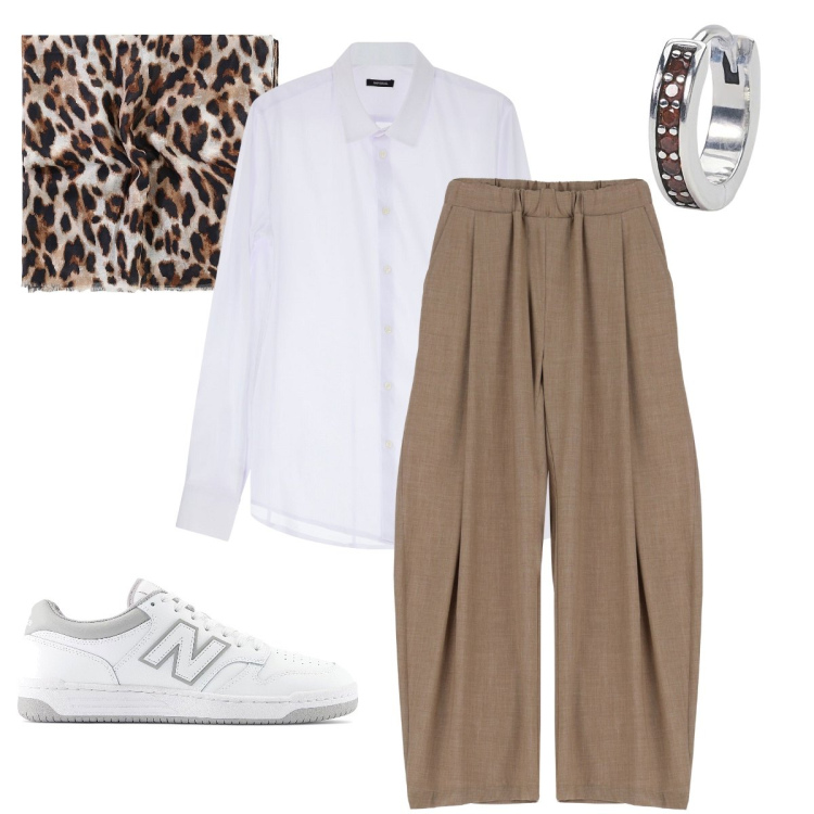 Outfit uomo - Il foulard leopardato. Stile Trendy per Cerimonia. Abbinamento con orecchini, camicie, pantaloni, sciarpe e foulard, sneakers.
