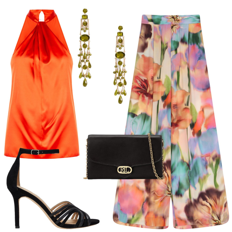 Outfit donna - Come una farfalla. Stile Romantica per Cerimonia. Abbinamento con top, pantaloni a palazzo, borse a tracolla, sandali in pelle, orecchini.