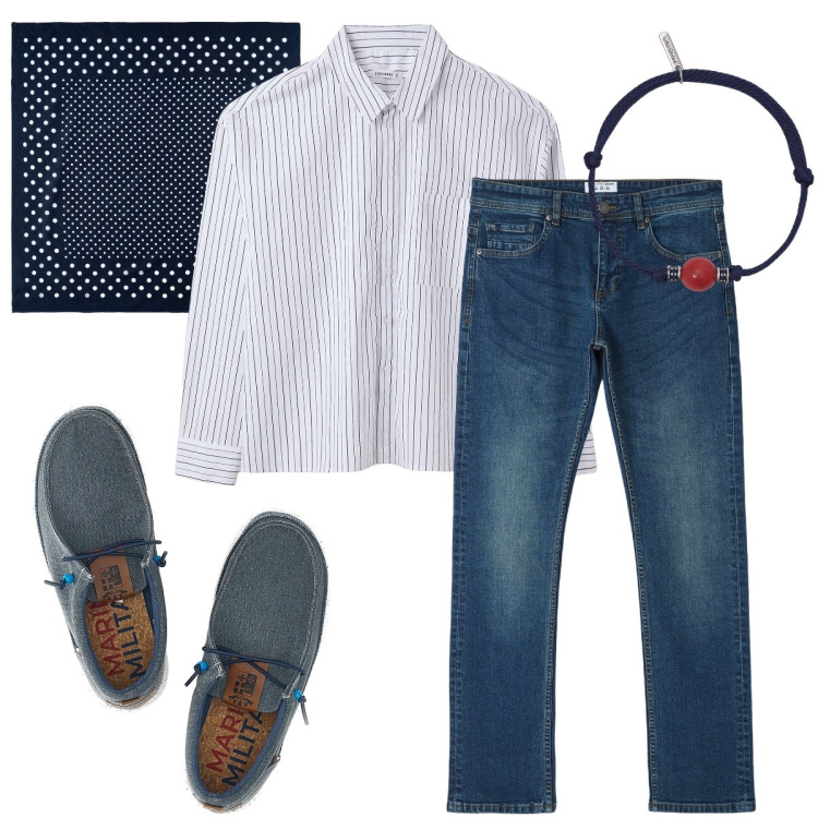 Outfit uomo - Righe e pois. Stile Urban per Ufficio. Abbinamento con camicie a manica corta, jeans dritti, braccialetti, sciarpe e foulard, scarpe stringate.