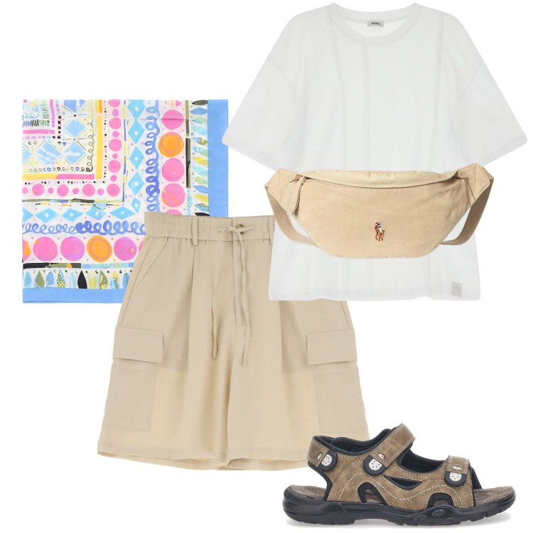 Outfit uomo - Il foulard colorato. Stile Casual per Mare. Abbinamento con bermuda, t-shirt, sciarpe e foulard, borse sportive, sandali.