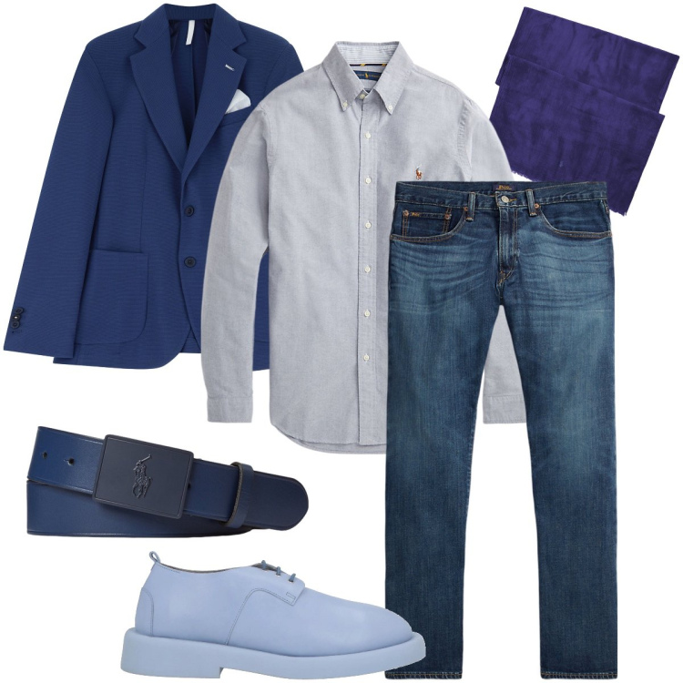 Outfit uomo - Tra il blu e il viola. Stile Trendy per Serata speciale. Abbinamento con scarpe stringate, giacche, camicie, jeans dritti, cinture, sciarpe.