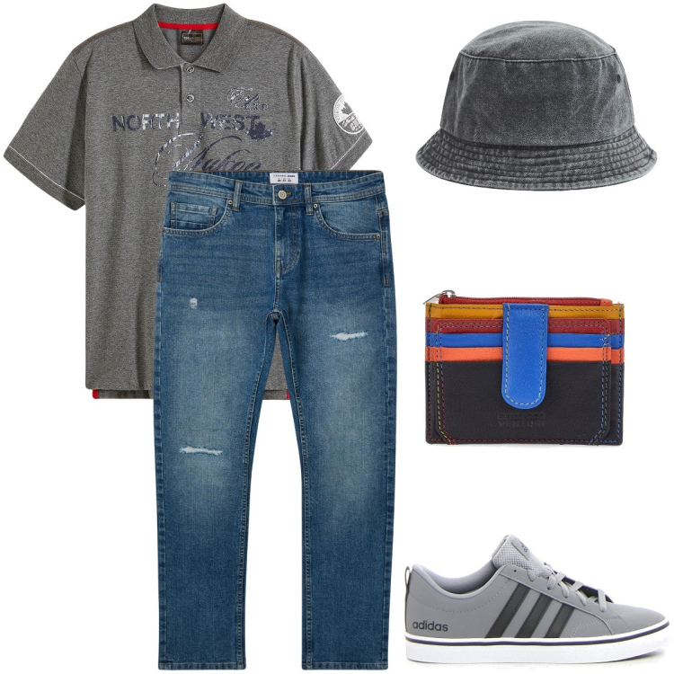 Outfit uomo - Accessori grey. Stile Casual per Tutti i giorni. Abbinamento con polo, cappelli, jeans strappati, portafogli, sneakers.
