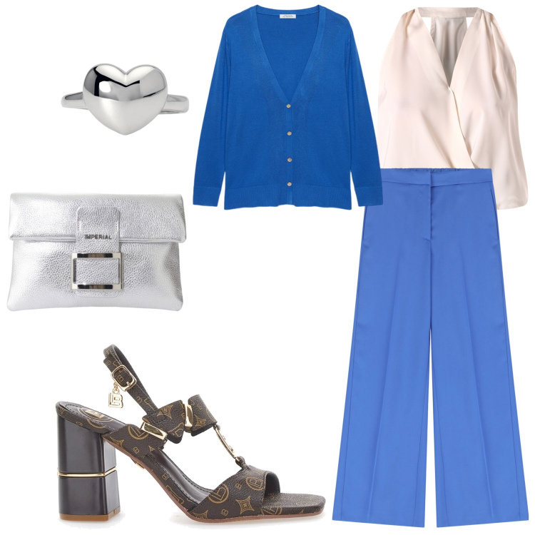 Outfit donna - Total look #2130923. Stile Bon Ton per Serata fuori. Abbinamento con anelli, top, pantaloni, pochette, cardigans, sandali col tacco.
