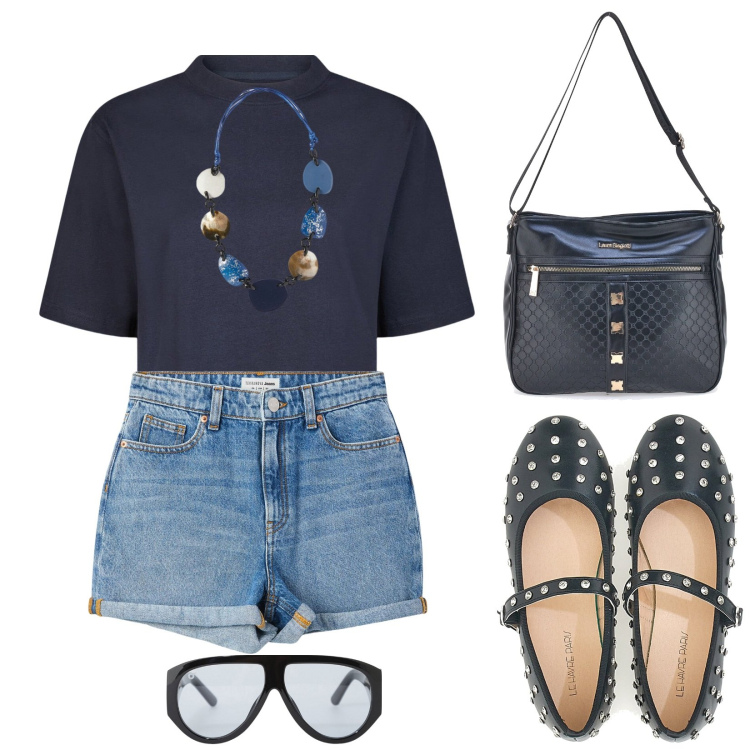 Outfit donna - Chic in shorts. Stile Casual per Tutti i giorni. Abbinamento con shorts, occhiali da sole, ballerine, borse a tracolla, t-shirt, collane.
