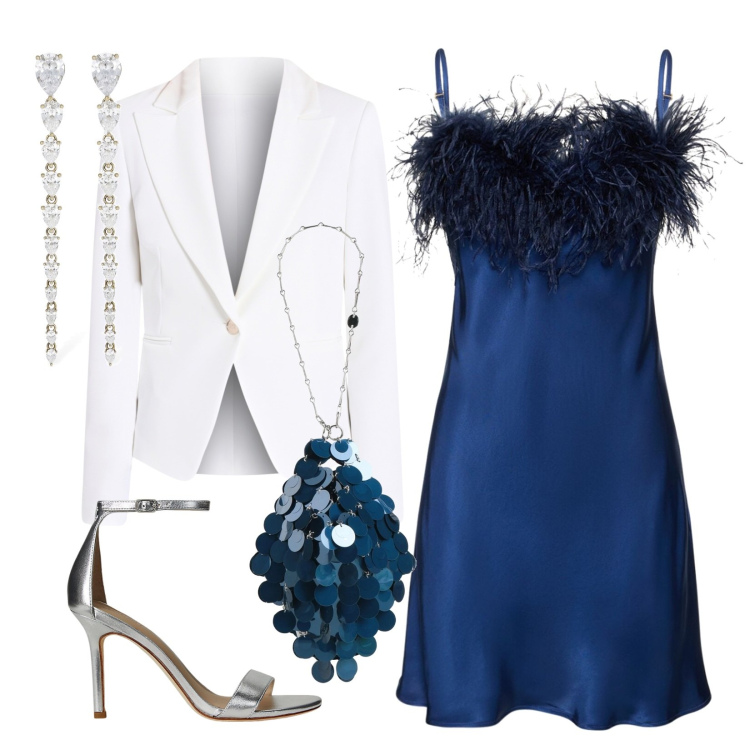 Outfit donna - Mini bag e maxi paillettes. Stile Sexy per Cerimonia. Abbinamento con borse a mano, blazer, sandali in pelle, vestiti, orecchini.