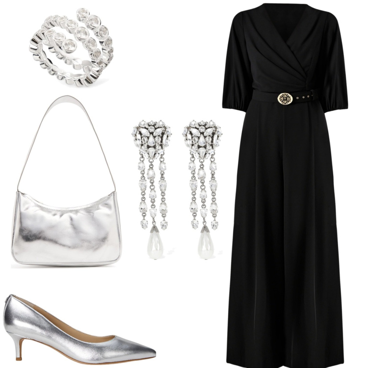 Outfit donna - Vernissage. Stile Glamour per Serata fuori. Abbinamento con tute, décolleté, orecchini, borse a spalla, anelli.