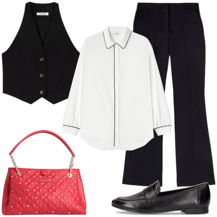 Outfit donna - Mannish. Stile Mannish per Serata fuori. Abbinamento con borse a mano, mocassini, pantaloni, gilet, camicie.