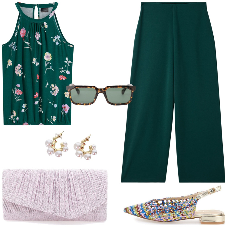 Outfit donna - Completo per aperitivo. Stile Casual chic per Serata fuori. Abbinamento con top, pantaloni, occhiali da sole, orecchini, ballerine, borse a tracolla.