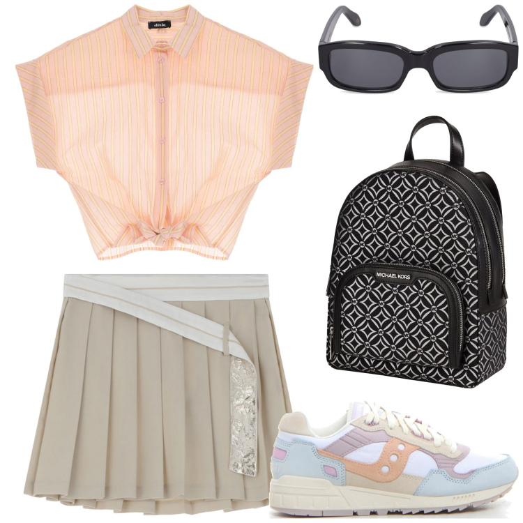 Outfit donna - Casual chic in minigonna. Stile Casual chic per Scuola/Università. Abbinamento con zaini, minigonne, camicie a manica corta, occhiali da sole, sneakers.