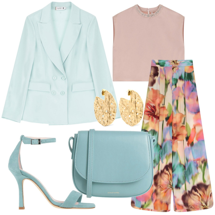 Outfit donna - Al matrimonio della mia migliore amica. Stile Romantica per Cerimonia. Abbinamento con sandali col tacco, borse a tracolla, blazer, top, pantaloni a palazzo, orecchini.