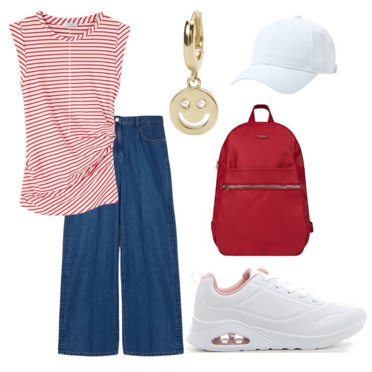 Outfit donna - La t-shirt a righe. Stile Basic per Scuola/Università. Abbinamento con cappelli, orecchini, zaini, sneakers, jeans, top.