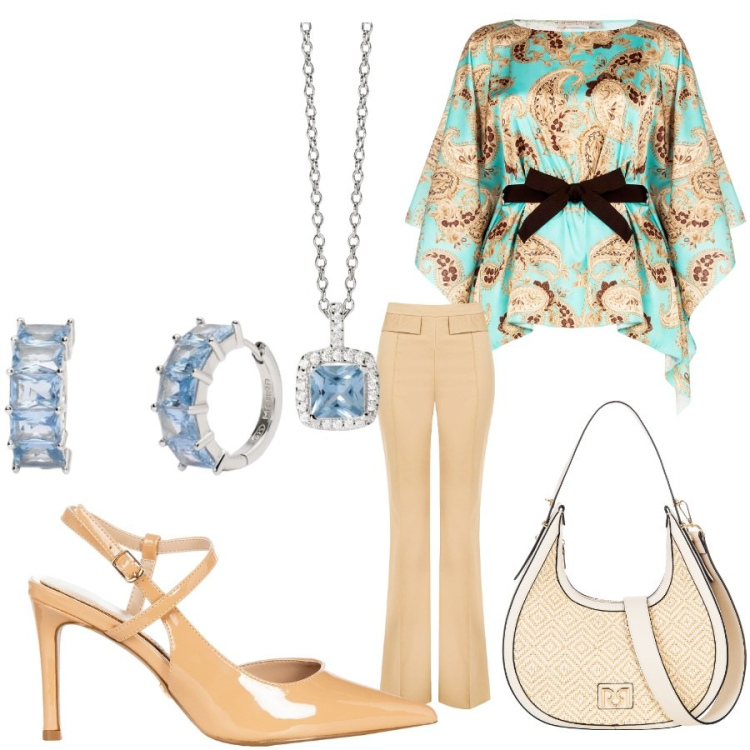 Outfit donna - Mamma chic. Stile Chic per Tutti i giorni. Abbinamento con orecchini, collane, bluse, pantaloni, décolleté, borse a mano.